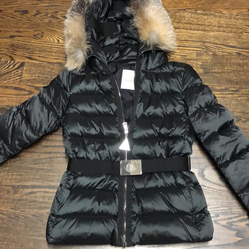 Moncler Black Feather Down Coat Fur Hood Sz 2 6us